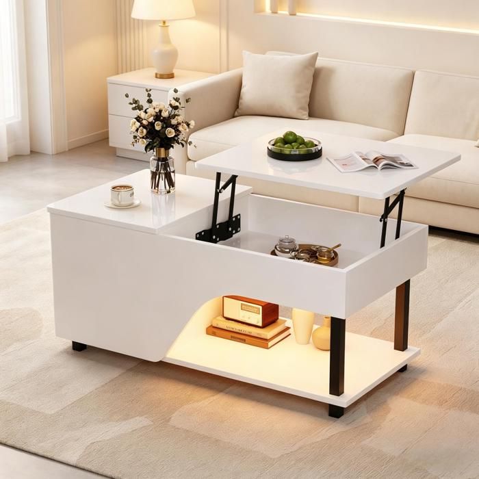 DESVIAE Table basse relevable 100 x 50 x 46 cm avec rangement caché LED USB blanc brillant