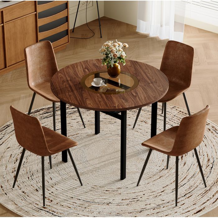 WUVRIE Ensemble table à manger ronde 100 cm avec 4 chaises brunes aspect bois verre et métal noir