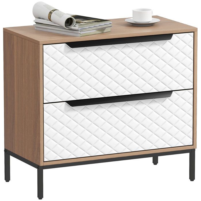 CollaHausse Commode 2 Tiroirs en Tissu Naturel et Blanc avec Motif Losange