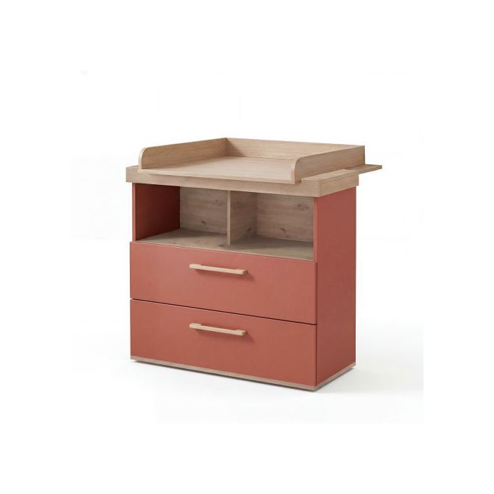 Commode à langer Jimmy avec tiroir / compartiment ouvert – poignées en bois massif – mauve / chêne
