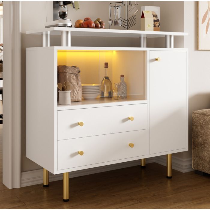 Buffet LED Blanc En Verre Et Panneaux Bahut Moderne FloraGrace Pour Salon Ou Entree Rangement Et Eclairage Integre 80x35x80cm