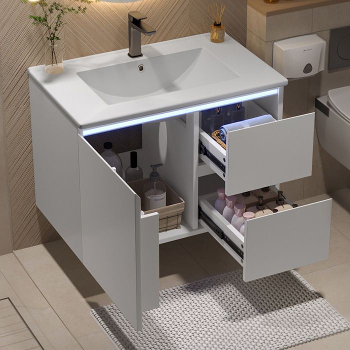 Meuble Sous Vasque Suspendu Blanc Vasque Integree Moderne FloraGrace Pour Salle De Bain Eclairage LED Radar 76x46x50cm