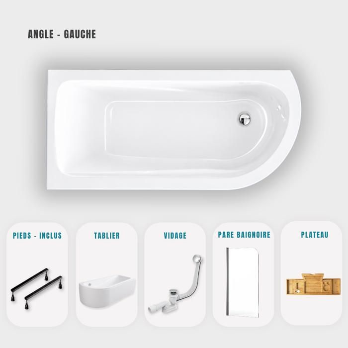 Baignoire dangle blanche asymétrique 170x75cm - Tablier blanc - Pieds - Vidage noir- Pare baignoire - Etagère Bambou - OASIS Baignoire dangle blanche asymétrique 170x75cm - Tablier blanc - Pieds - Vidage noir- Pare baignoire - Etagère Bambou - OASIS