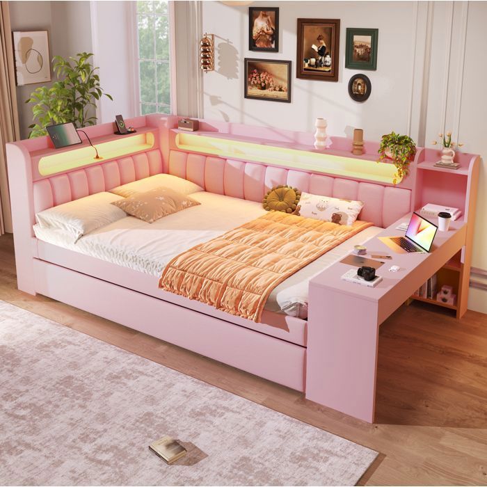 Lit combiné Double 140×200 cm USB LED bureau et lit gigogne 90×190 cm - HAVRYA - sans matelas rose