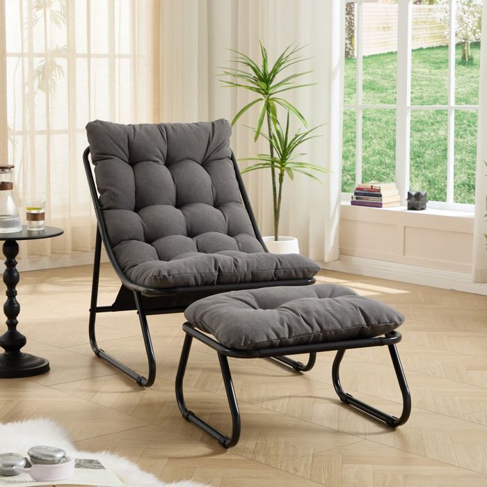 Fauteuil de jardin - SOGEU - Fauteuil inclinable avec ottoman - Cadre acier noir - Coussin gris moelleux - Assise respirante