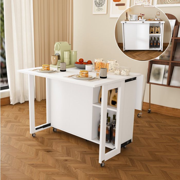 ELVORIN îlot de cuisine pliable blanc 75 x 100 x 105 cm roulettes 360° verrouillables rangement MDF