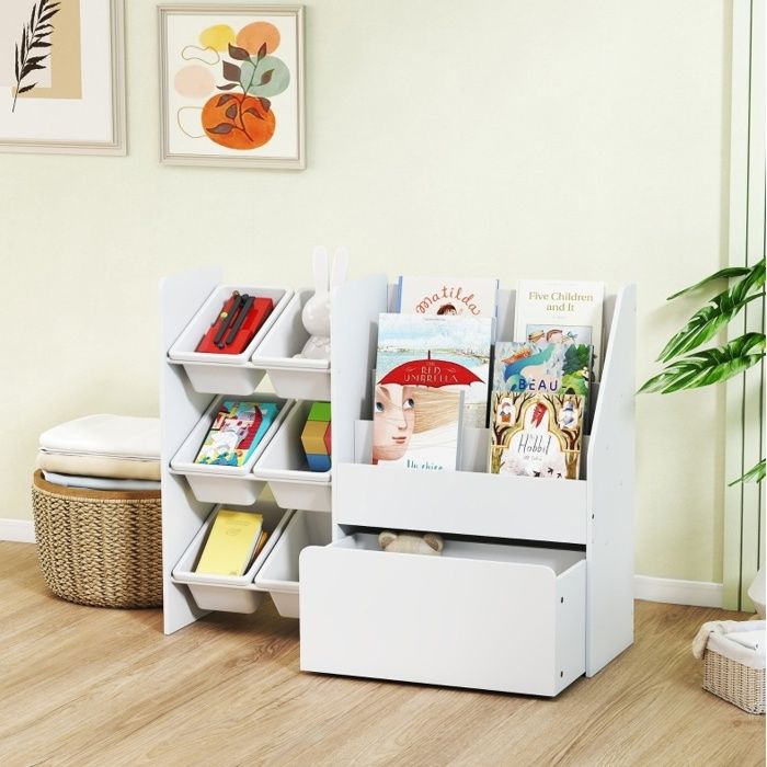 ELVORIN Bibliothèque enfant 100 x 30 x 80 cm 6 bacs blanc acier et bois
