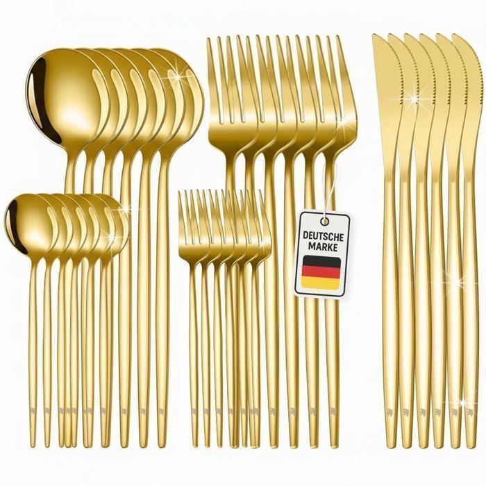 Roxlin Set de couverts 30 pièces – Design standard – Acier inoxydable pour 6 personnes – Résistant à la rouille – Or