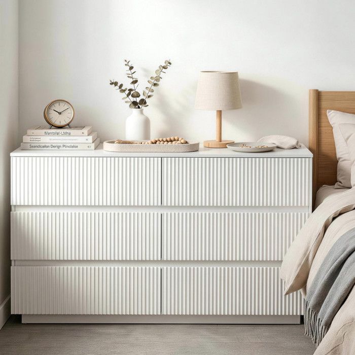 Commode avec 6 Tiroirs - ALIGHTUP - Design cannelés Rangement Meuble Chambre Blanc 140 x 40 x 71 cm Commode avec 6 Tiroirs - ALIGHTUP - Design cannelés Rangement Meuble Chambre Blanc 140 x 40 x 71 cm