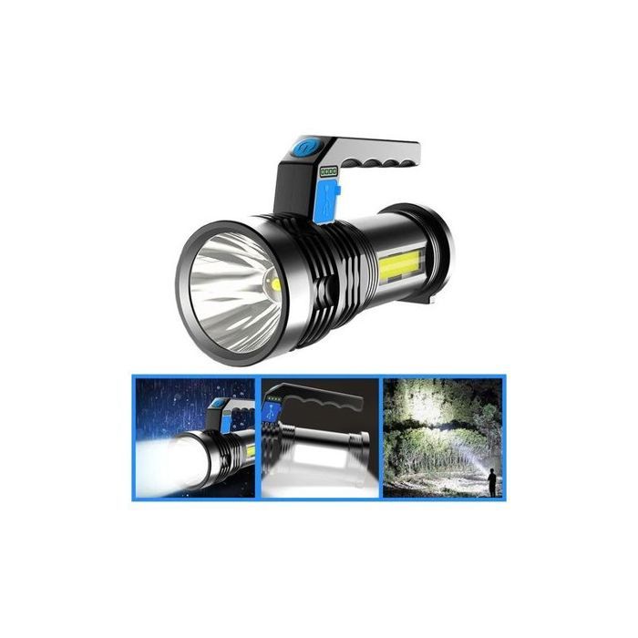 Lampe De Poche Led 500m - Rechargeable Usb - Lumière Cob Latérale - Projecteur Puissant Longue Portée - Noir