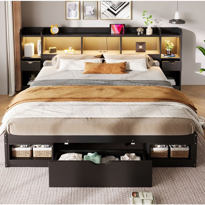 Lit Plateforme Double 180×200 cm lit avec rangement 3 tiroirs LED et USB - YEAVIO - sans matelas MDF contreplaqué noir
