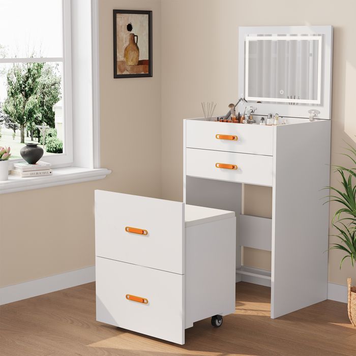 Koioplie Coiffeuse compacte 3-en-1 pour chambre table maquillage avec miroir LED tabouret et 3 tiroirs gain de place - Blanc