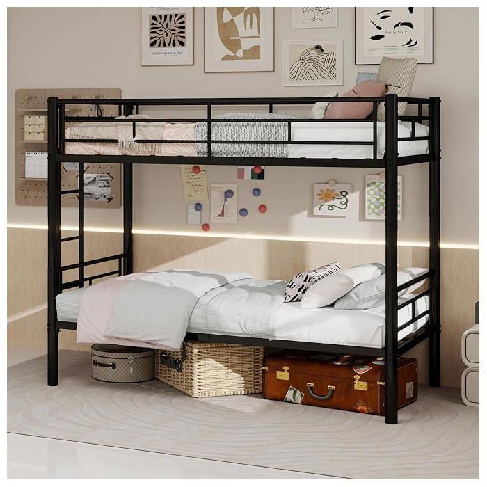 Lit superposé pour enfants 90 x 190 cm Convertible en 2 lits simples avec échelle et barrière de sécurité pas de matelas noir