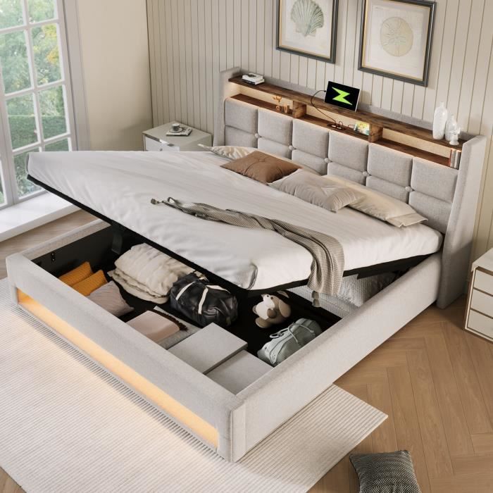 Lit Coffre Merax 160x200cm Avec LED Et USB - Gris Lin, Sans Matelas