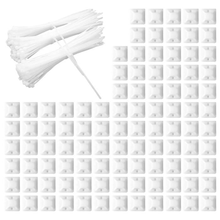 Lot De 100 Supports Adhésifs Pour Attaches Câbles - 20x20mm, Profil Bas - Pour Fixation Propre Câbles 4.8mm Max