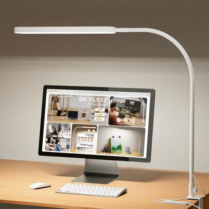 SKYLEO Lampe de Bureau LED à Pince 85 cm — 1300 lm 12W 5 modes & 11 niveaux Col de cygne Minuterie & Mémoire
