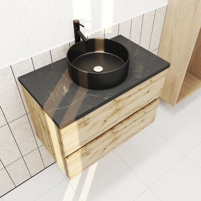 Meuble Salle De Bain Haida 80 Cm Effet Chêne & Rotin – Meuble Vasque Avec Tiroir & 2 Portes Rangement Naturel