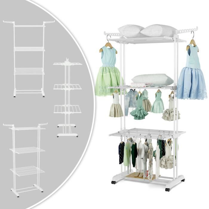 Étendoir à linge en acier inox Séchoir multifonction 4 niveaux rangement facile Avec flancs et roues Blanc