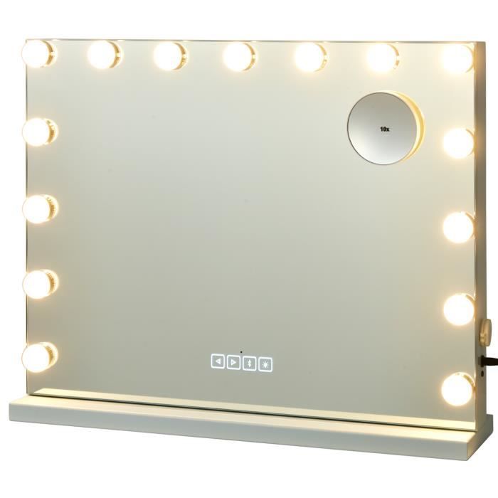 COSTWAY Miroir Hollywood de Maquillage LED Eclairage à Commande Tactile,Grossissement 10X,Haut-Parleur Bluetooth,3 Couleur Réglable.