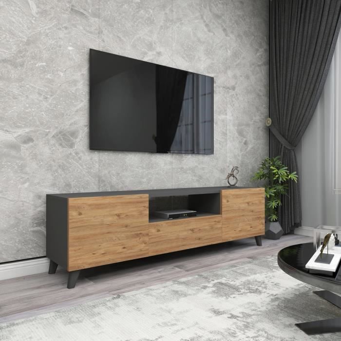 Meuble TV Torsby à portes avec espace de rangement 46 x 140 x 30 cm anthracite effet chêne