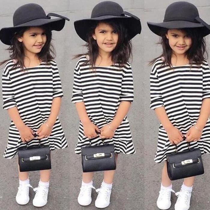 ROBE 1-6 Ans Enfant Fille Robe à Rayures Noir et Blanc Manche Longue