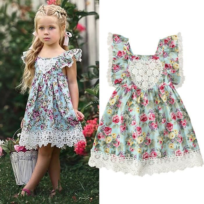 1-6 Ans Bébé Enfant Fille Robe Fleurie Robes Été à Fleurs en Dentelle Dos Nu Manche Volante