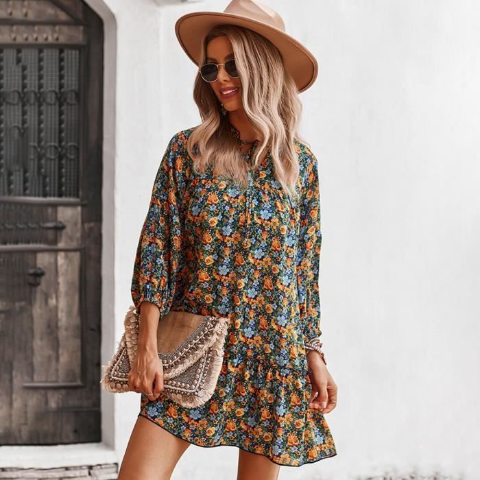 SHEIN LUNE Robe Unicolore Manches Bouffantes à Volants | Mode En Ligne