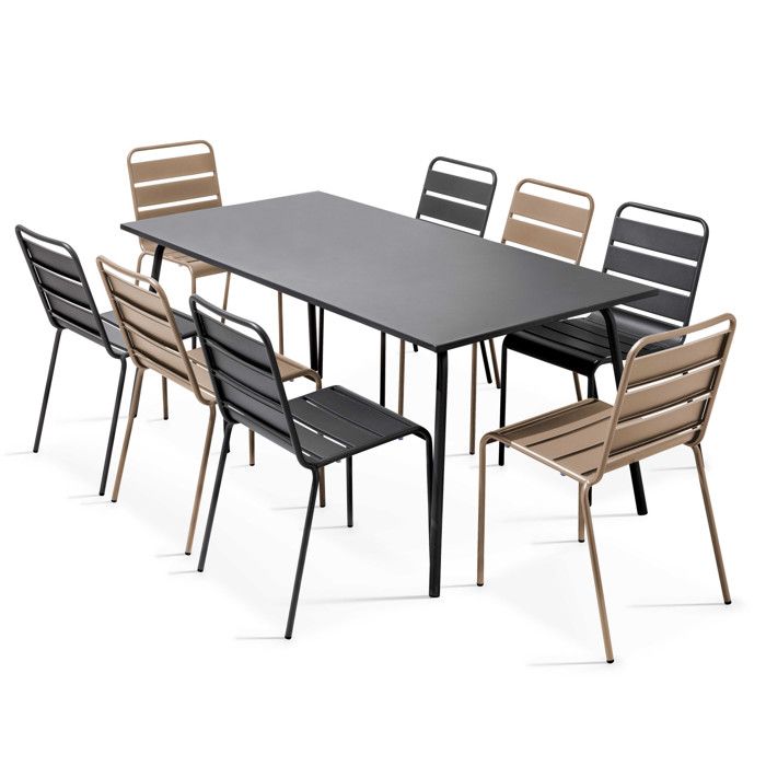Ensemble table de jardin et 8 chaises en métal gris et taupe Palavas Oviala
