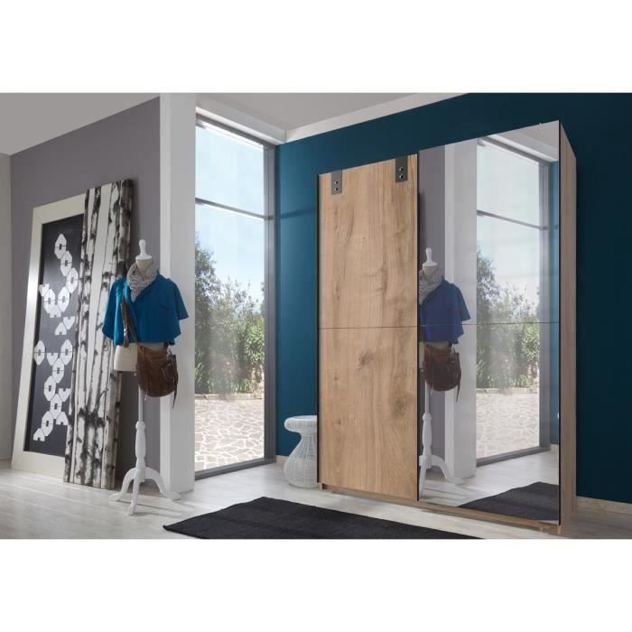 armoire a portes coulissantes avec miroir en imitation chene poutre, rechampis graphite - l135 x h198 x p64 cm