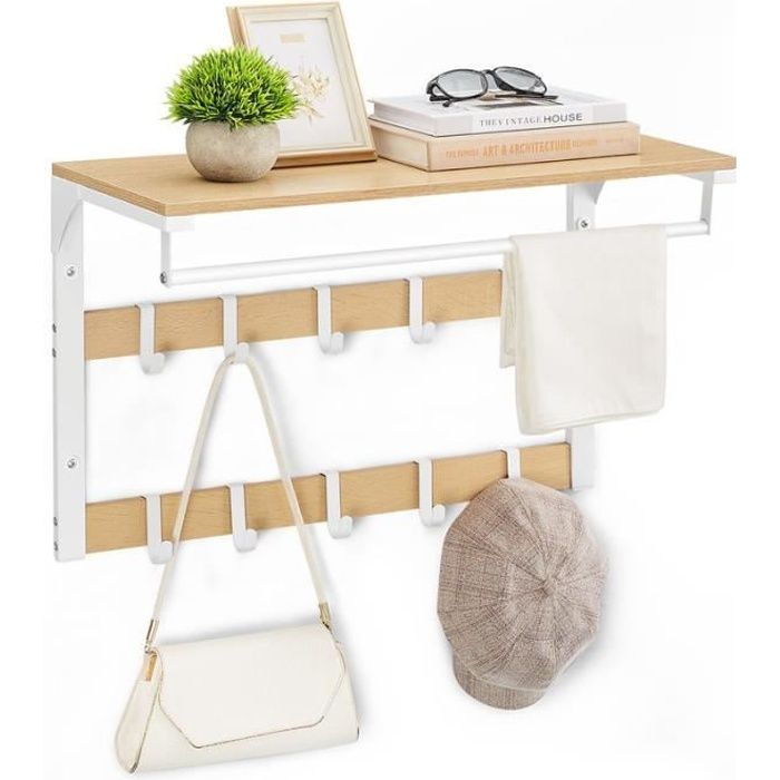 Porte-manteau Mural Étagère Suspendue avec 10 Crochets Amovibles sur 2 Rangées Barre de Suspension Couleur Chêne et Blanc Porte-manteau Mural Étagère Suspendue avec 10 Crochets Amovibles sur 2 Rangées Barre de Suspension Couleur Chêne et Blanc