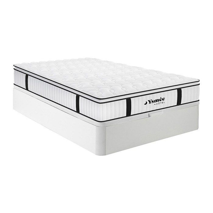 Ensemble 140 x 190 cm sommier coffre blanc + matelas anti-feu ressorts ensachés et surmatelas intégré ép.28cm - DELICE de YSMÉE