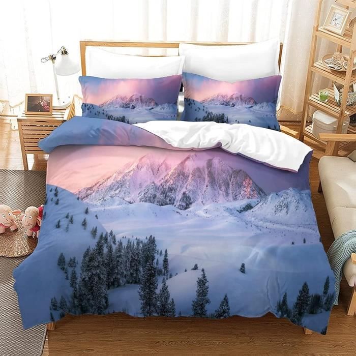 Parure De Lit 3 Pièces 140x200 Cm - Imprimé 3D Paysage Montagne - Microfibre Douce - 1 Housse De Couette + 2 Taies