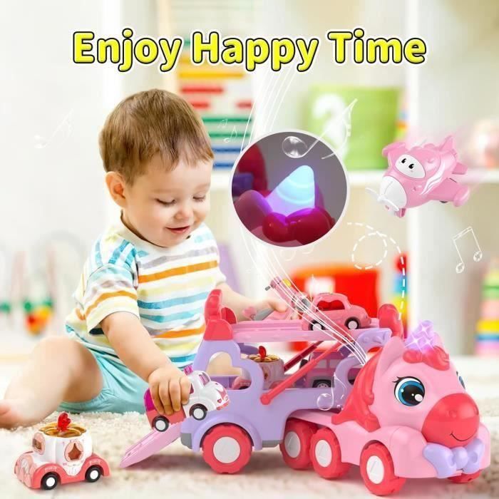 Camion Dinosaure 5 En 1 Avec Lumières Et Sons – Friction, Pour Enfants 1-5 Ans – T-Rex Transporteur (rouge)
