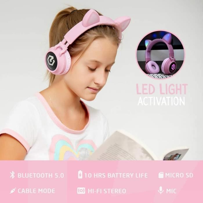 PowerLocus Casque Enfant Bluetooth, Casque Audio sans Fil pour Enfants,  Bluetooth 5.0 Confortable Pliable Casque avec Micro intégré, Volume limité  à 85db, Réglable, Micro SD Carte Slot, Lumières LED : : High-Tech
