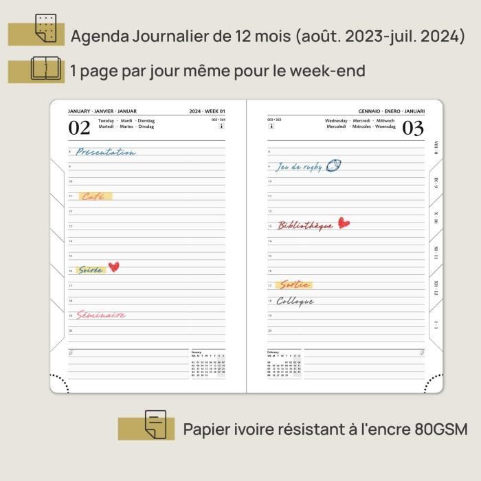 Agenda 2024 Journalier: Grand format A4 français | planificateur journalier  (365 jours) | 1 page par jour avec heure | (janvier 2024/décembre 2024)