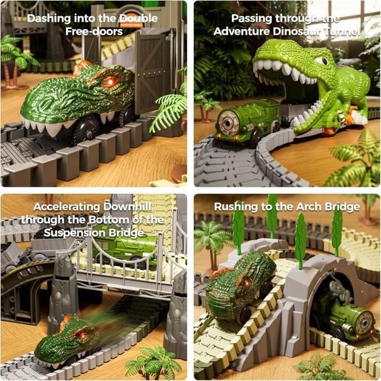 Ensemble Jouet Dinosaure Burgkidz - 260 Pièces Pistes + 3 Voitures + 7 Dinosaures - Jeu De Construction Enfant