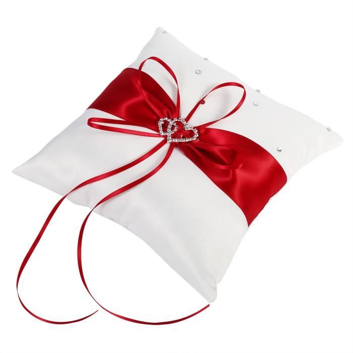 Coussin Alliances Cœur Strass - 10x10cm - Satin Rouge - Cérémonie Mariage