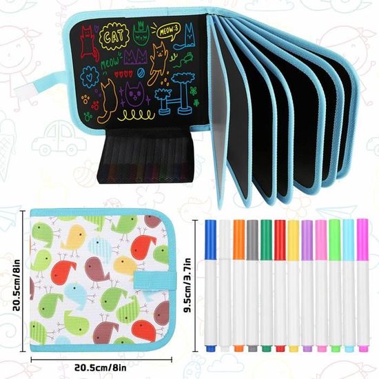 Planche à Dessin Effaçable, Planche De Griffon Réutilisable Avec 12 Stylos Effacables Colores Pave De Dessin Double Face Carnet De Croquis De Livre De Dessin Portable Compatible Avec