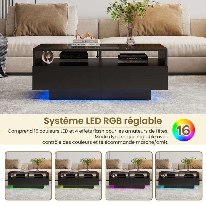 Table Connectee Table Basse Connectée Noire - 90x55x35 cm, Avec 2 Tiroirs, Éclairage ...
