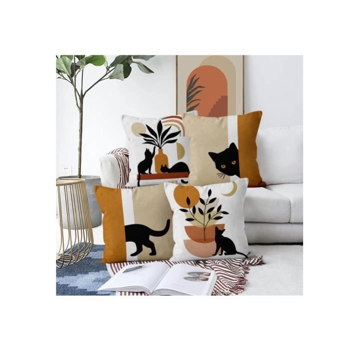 Hnmdmyi Lot 4 Housses Coussin Boho 40x40 – Chat Noir, Soleil Lune, Style Minimaliste Abstrait
