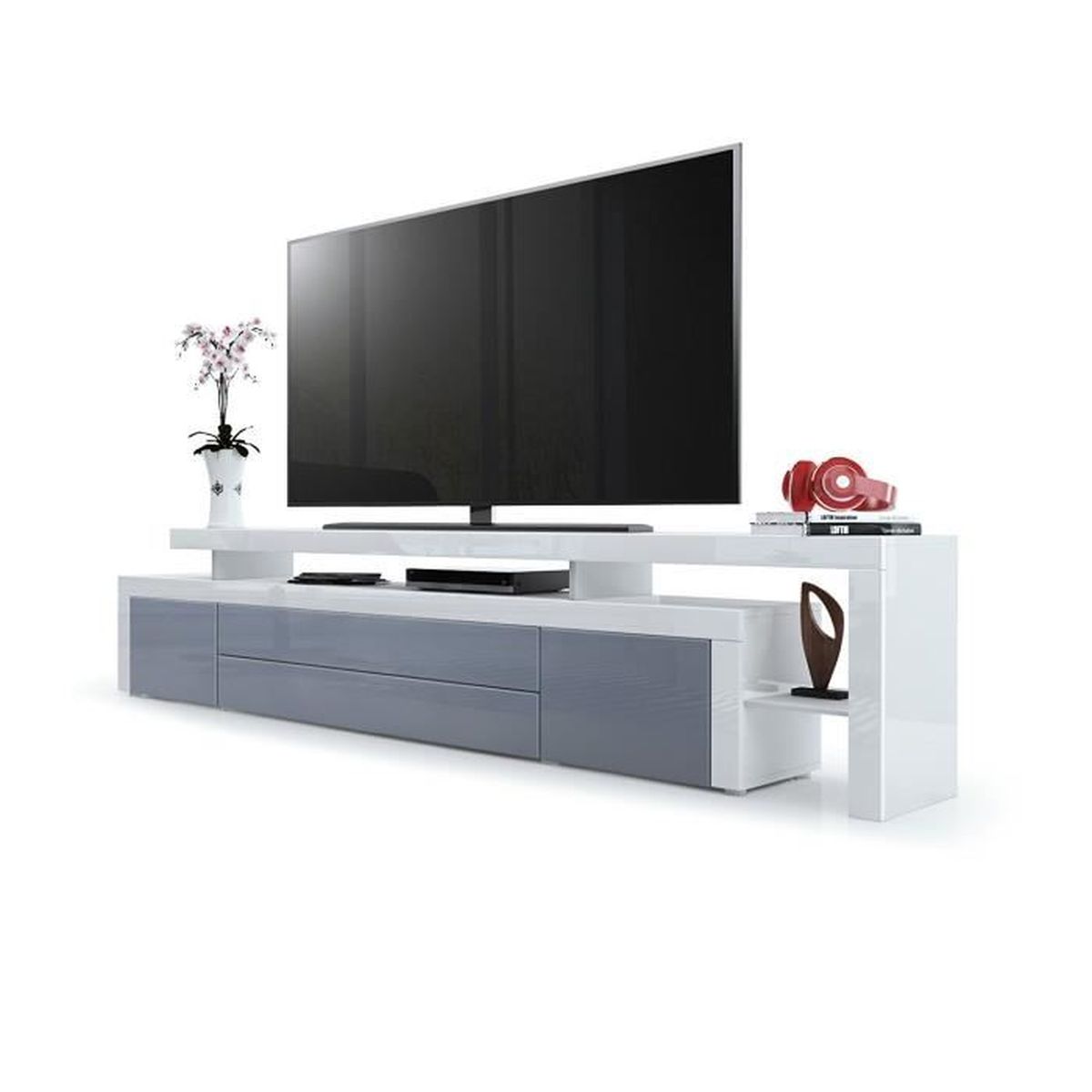 Meuble Tv Blanc Gris Laque 227 Cm Achat Vente Meuble Tv