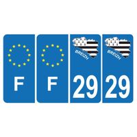 Lot de 4 Autocollants Plaque d'immatriculation Voiture 29 Carte Bretagne & F Europe