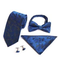 4PCS Nœuds papillon Cravate Bleu royal Jacquard Paisley Business avez Carré de Poche Boutons de manchette