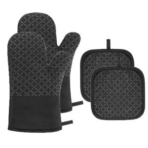 4x Gants pour le four silicone, thermorésistant, maniques de grillade  antidérapants, doublure intérieure coton, noir