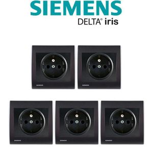 PRISE Siemens - Lot de 5 Prise 2P+T Anthracite Delta Iris + Plaque Anthracite