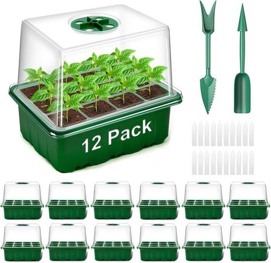 VEEKAY Mini Serre Pour Plantes 4 Pièces 144 Cellules - Pots Biodégradables Avec Couvercle Et Ventilation