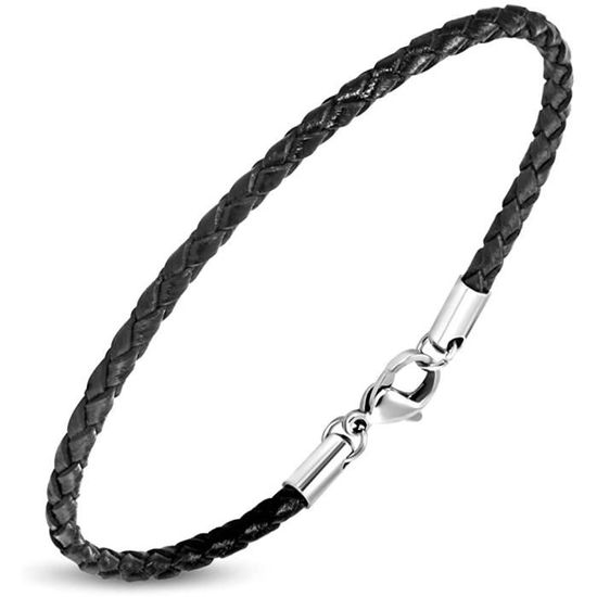 Bracelet Réglable Pour Homme En Cuir Véritable Tressé Noir Et Naturel Avec Coton - Style Décontracté Unisexe