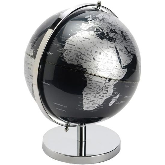Globe Terrestre Décoratif - Noir et Argent - Pied en Métal - 31x23x23cm