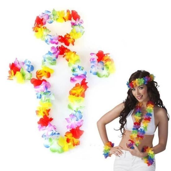 Collier De Fleurs Hawaienne Kit Lei Hawaïen - Collier, Bandeau Et Bracelets - Accessoire Fête Tropicale - Plage, Anniversaire, Carnaval - Multicolore Accessoire Thème Plage