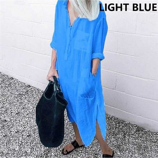 Robe Robe chemise a manches longues pour femmes boutons a revers fendue sur le cote tunique elegante couleur unie BLEU CIEL B Blanc Cdiscount Pret a Porter